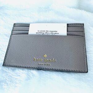 kate spade Gray Saffiano Leather Slim Card Holder with Gold Logo